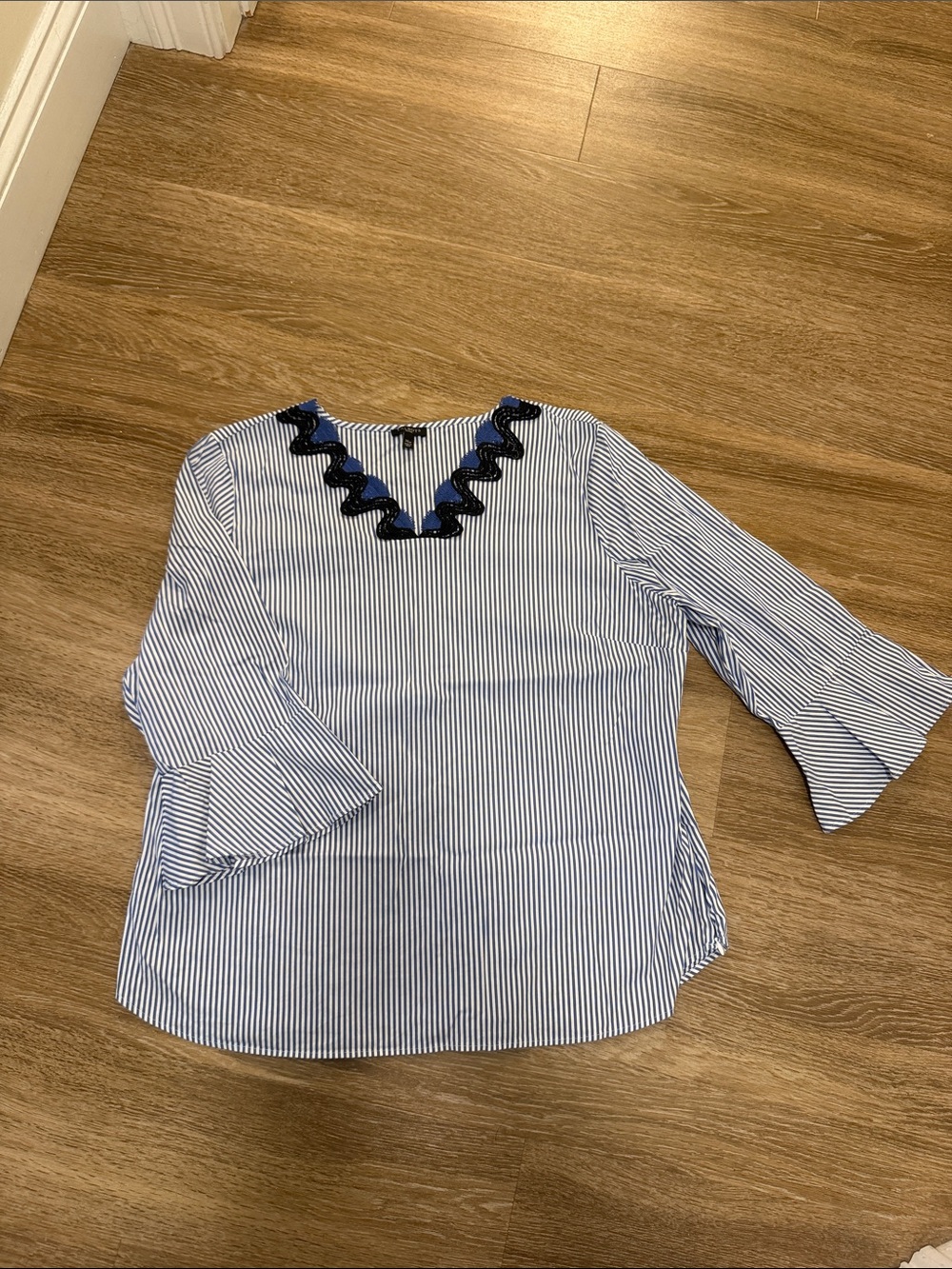 Talbots Striped Blue and White Ruffle-Neck Women's Top